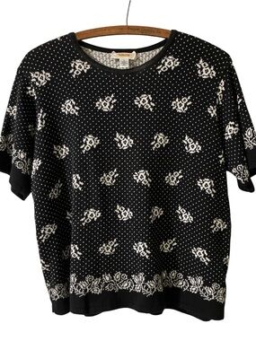 Talbots Sweater Size L Mixed Print Dotty Floral Black and White Short Sleeved